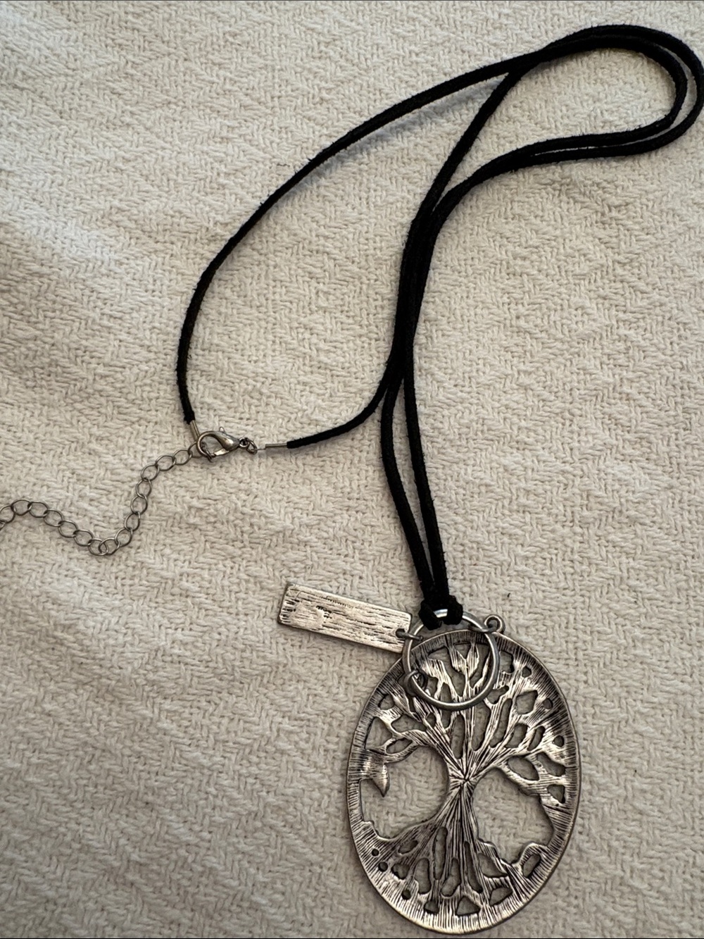 Boho Bundle of 3 Black Cord and Gunmetal Tree of Life Necklace with Pink Accent - Picture 8 of 10